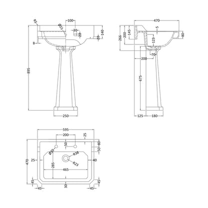 Hudson Reed Richmond 600mm Basin & Pedestal (2 Tap Hole) Trad White Vitreous China 885x595x470mm - JJ Building Materials