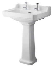 Hudson Reed Richmond 600mm Basin & Pedestal (2 Tap Hole) Trad White Vitreous China 885x595x470mm - JJ Building Materials