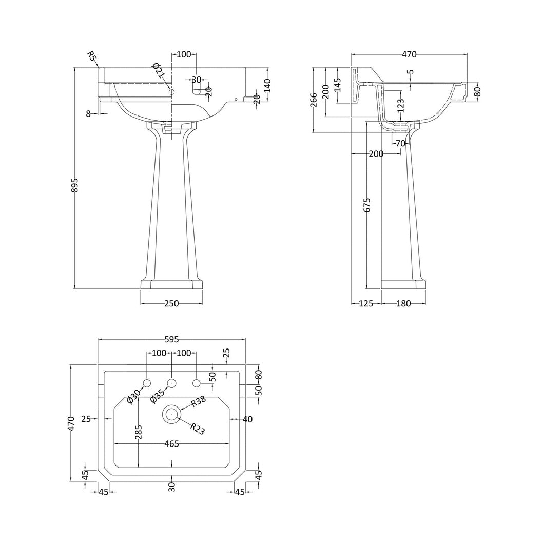 Hudson Reed Richmond 600mm Basin & Pedestal (3 Tap Hole) Trad White Vitreous China 905x595x450mm - JJ Building Materials