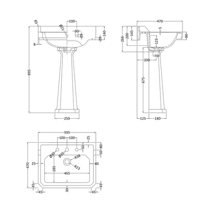 Hudson Reed Richmond 600mm Basin & Pedestal (3 Tap Hole) Trad White Vitreous China 905x595x450mm - JJ Building Materials