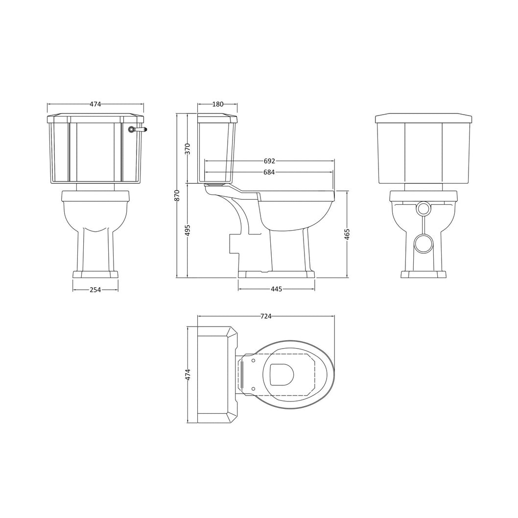 Hudson Reed Richmond Comfort Height Close Coupled Wc & Cistern Trad Gloss White Vitreous China 870x470x700mm - JJ Building Materials