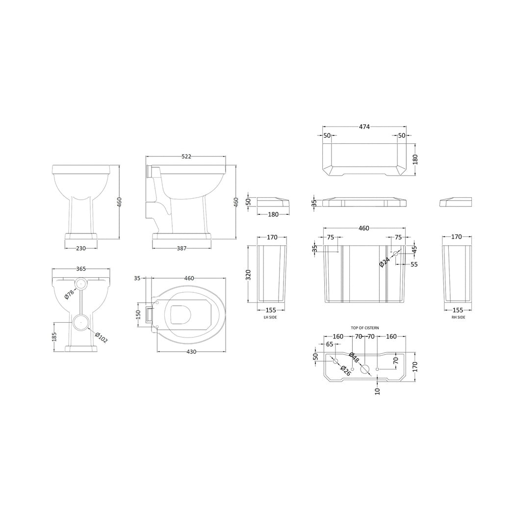 Hudson Reed Richmond Comfort Height Low Level Wc & Flush Pipe Trad Gloss White Vitreous China 1041x470x660mm - JJ Building Materials