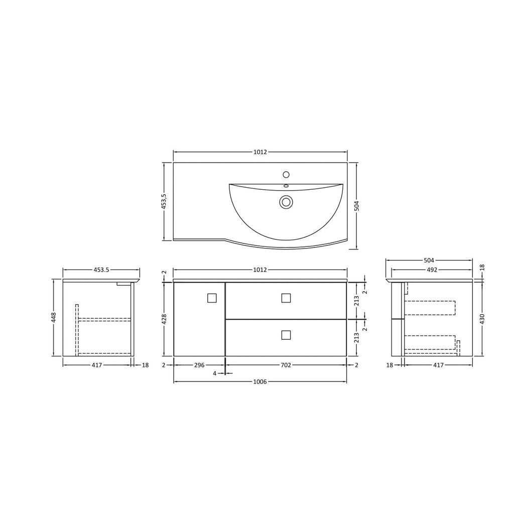 Hudson Reed Sarenna 1000mm Cabinet & Basin - Right Hand Contemp Moon White MFC Smooth Matt 448x1012x504mm - JJ Building Materials
