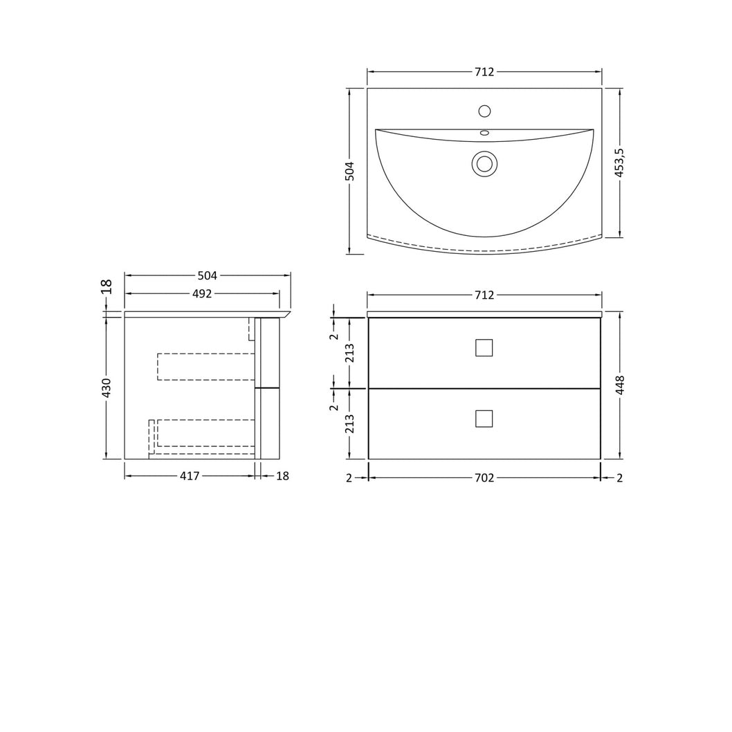Hudson Reed Sarenna 700mm Cabinet & Basin Contemp Moon White MFC Smooth Matt 448x712x504mm - JJ Building Materials