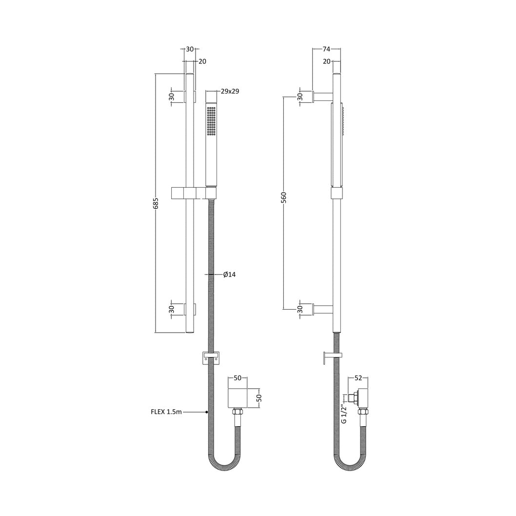 Hudson Reed Shower Slide Rail Kits Kubix Slide Rail Kit Contemp Chrome Brass 685x118x74mm - JJ Building Materials
