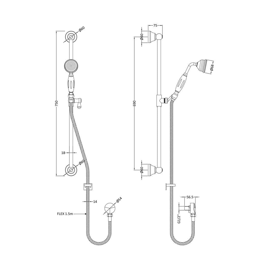 Hudson Reed Shower Slide Rail Kits Slider Rail Kit Trad Chrome Brass Abs 750x70x150mm - A3211 - JJ Building Materials