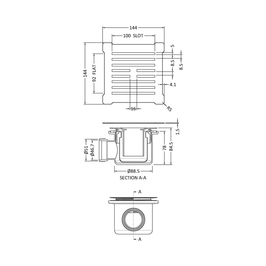 Hudson Reed Shower Tray Wastes Square Shower Waste With Chrome Top Contemp Black Chrome Stainless Steel 86x144x144mm - JJ Building Materials