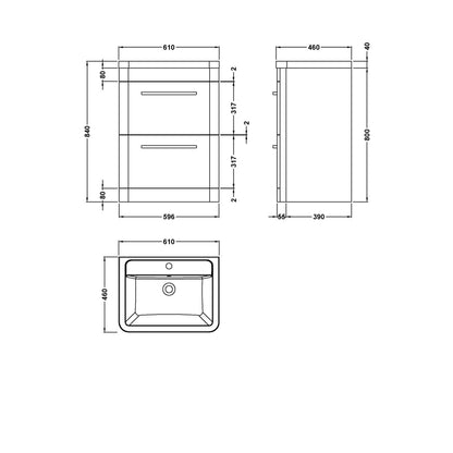 Hudson Reed Solar Floor Standing 600mm Cabinet & Ceramic Basin Contemp Pure White MDF Vinyl Smooth Matt 840x607x450mm - JJ Building Materials