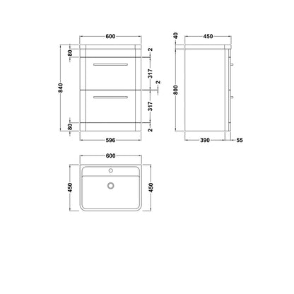 Hudson Reed Solar Floor Standing 600mm Cabinet & Polymarble Basin Contemp Cool Grey MDF Vinyl Smooth Matt 840x600x450mm - JJ Building Materials