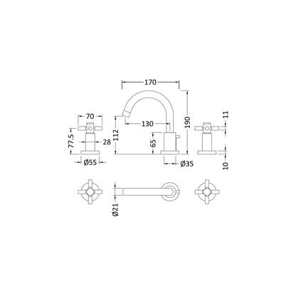 Hudson Reed Tec Crosshead 3 Tap Hole Basin Mixer Contemp Chrome Brass 190x130x175mm - JJ Building Materials