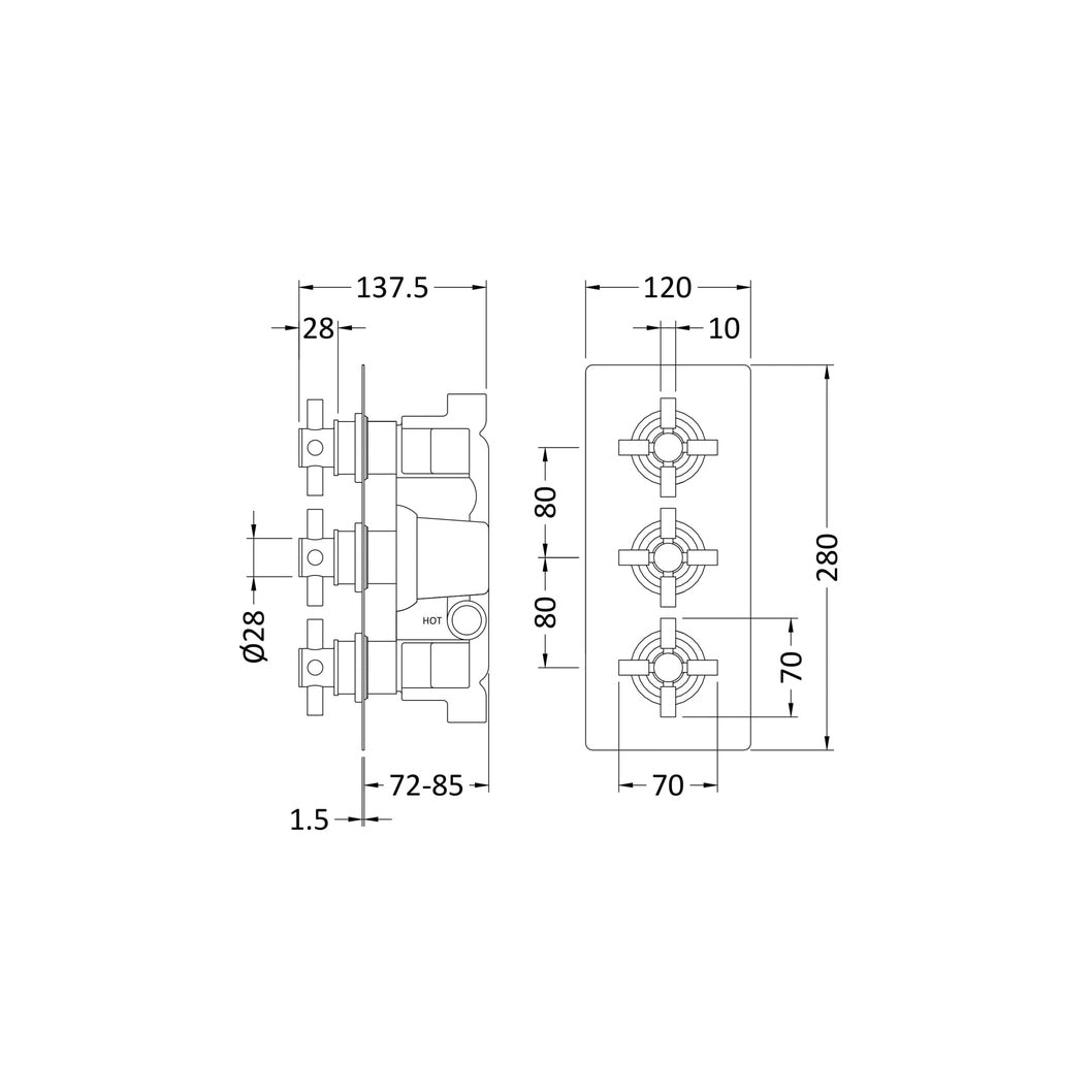 Hudson Reed Tec Crosshead Triple Thermostatic Shower Valve With Diverter Contemp Chrome Brass Abs 280x120x136mm - JJ Building Materials