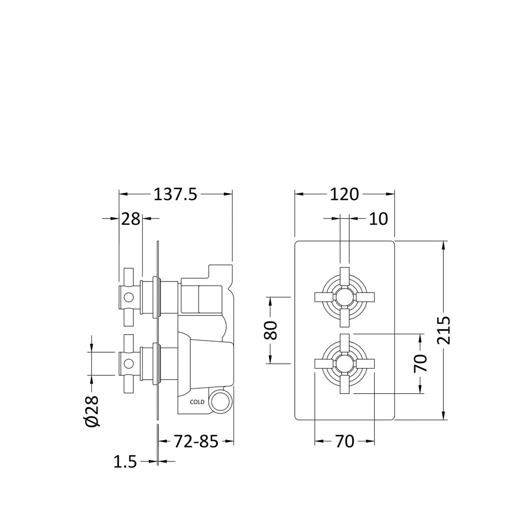 Hudson Reed Tec Crosshead Twin Thermostatic Shower Valve Contemp Brushed Brass Brass Abs 215x120x138mm - JJ Building Materials
