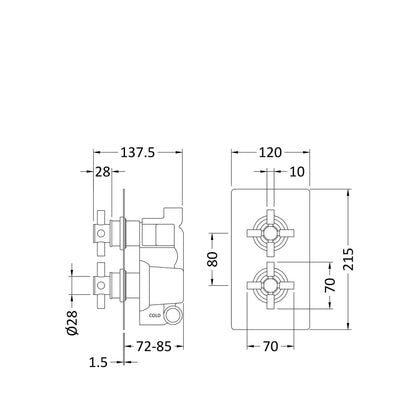 Hudson Reed Tec Crosshead Twin Thermostatic Shower Valve Contemp Brushed Brass Brass Abs 215x120x138mm - JJ Building Materials
