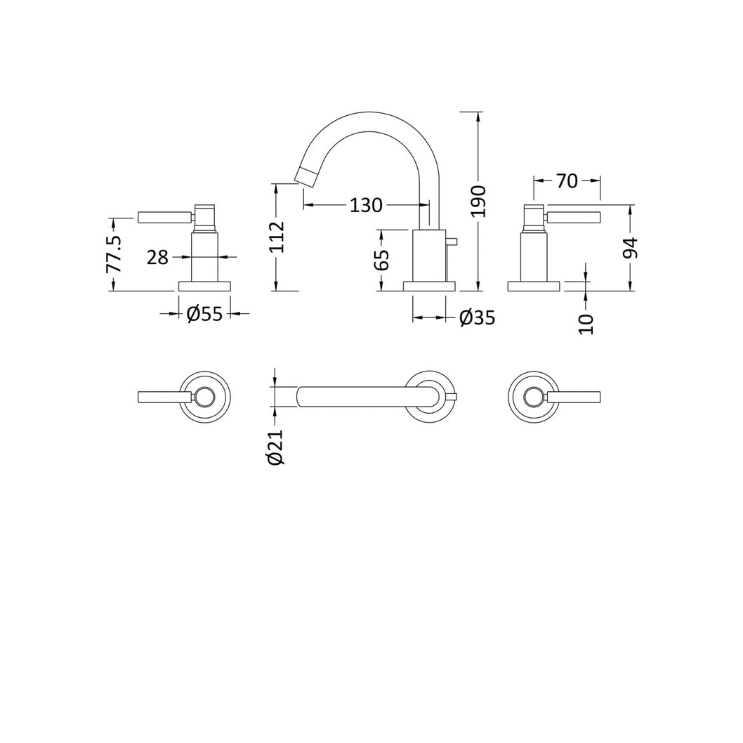 Hudson Reed Tec Lever 3 Tap Hole Basin Mixer Contemp Chrome Brass 190x235x170mm - JJ Building Materials