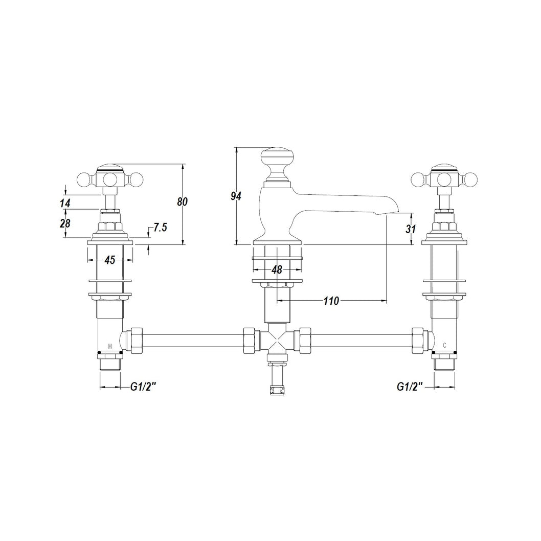 Hudson Reed Topaz 3 Tap Hole Basin Mixer Trad Brushed Brass Brass 94x246x140mm - JJ Building Materials