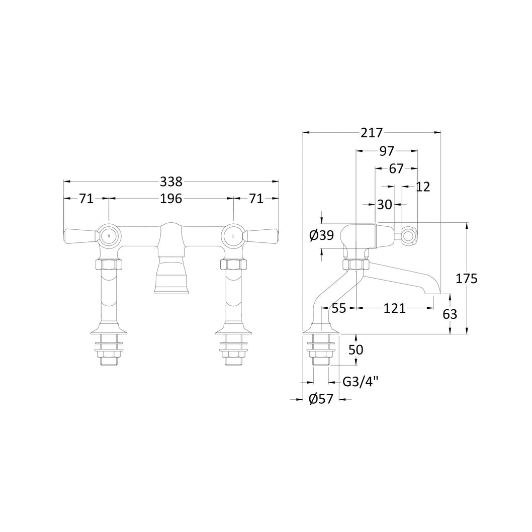 Hudson Reed Topaz Deck Mounted Bath Filler Trad Chrome Brass 175x338x217mm - BC303DL - JJ Building Materials