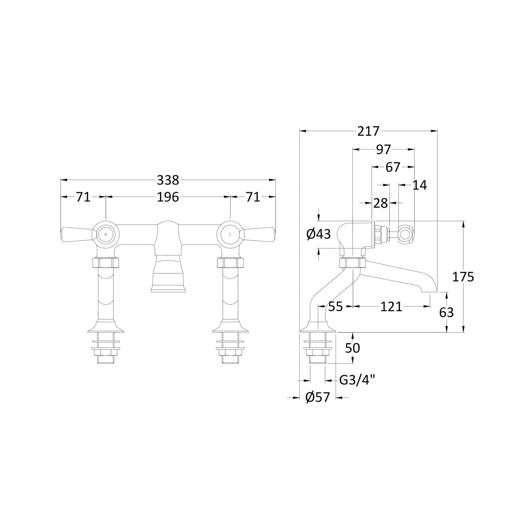 Hudson Reed Topaz Deck Mounted Bath Filler Trad Chrome Brass 175x338x217mm - BC303HL - JJ Building Materials