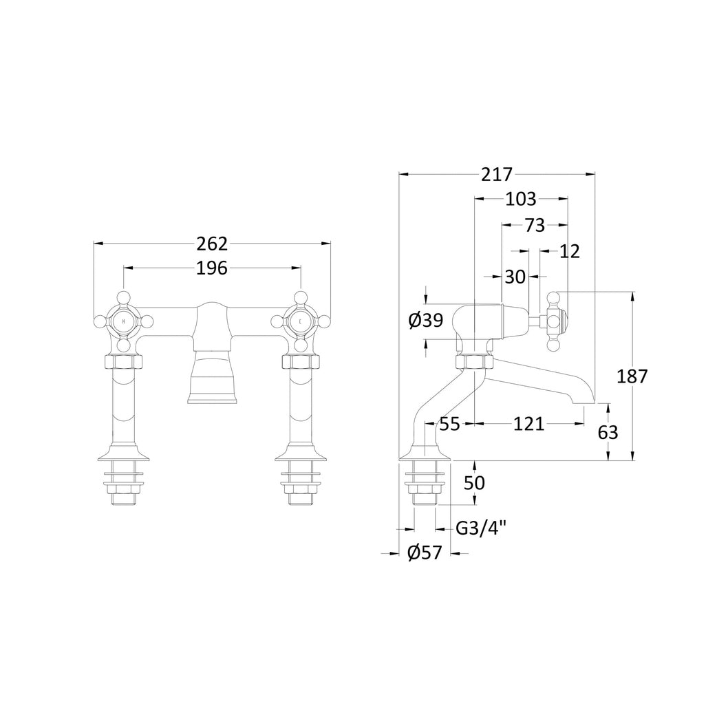 Hudson Reed Topaz Deck Mounted Bath Filler Trad Chrome Brass 187x262x217mm - BC403DX - JJ Building Materials