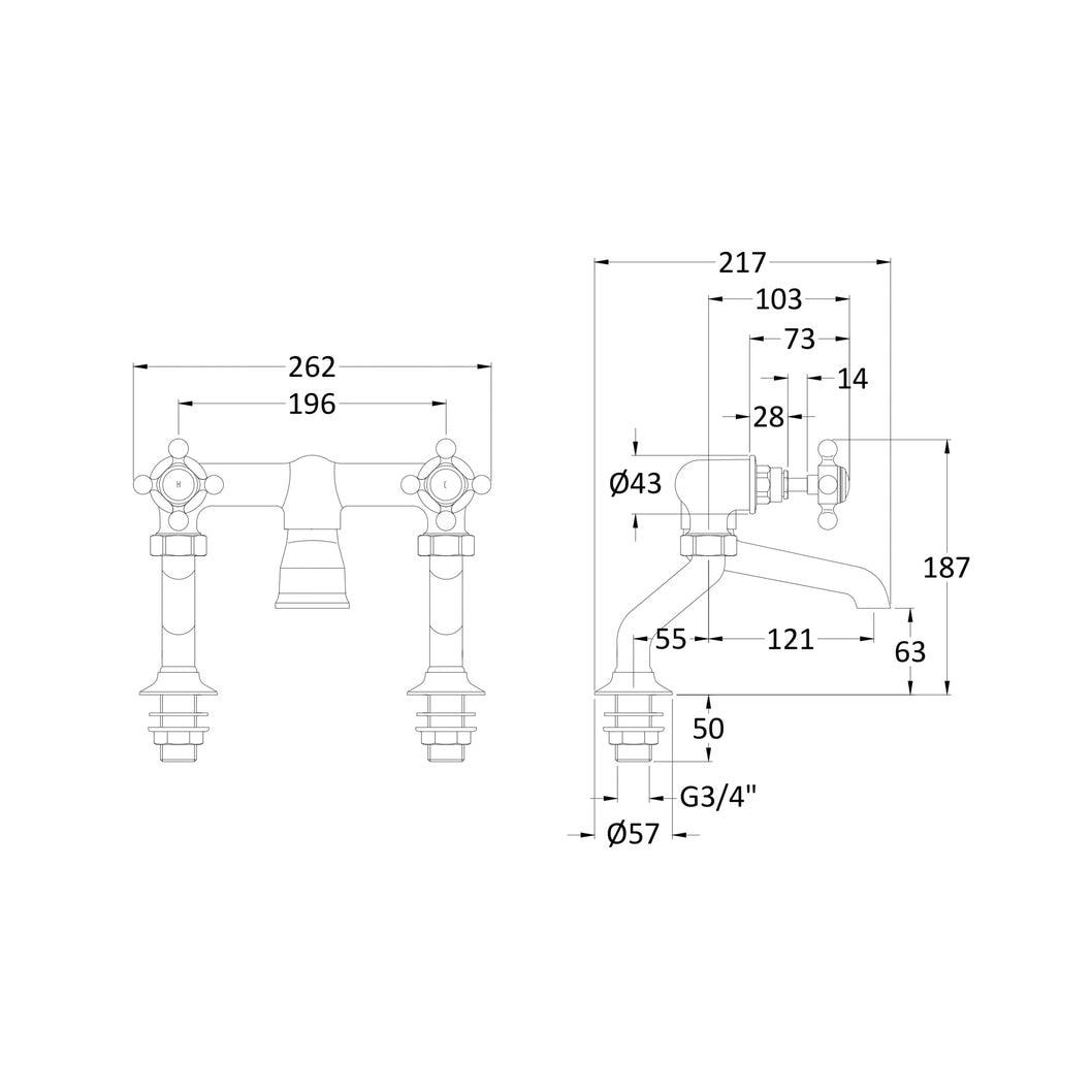 Hudson Reed Topaz Deck Mounted Bath Filler Trad Chrome Brass 187x262x217mm - BC403HX - JJ Building Materials
