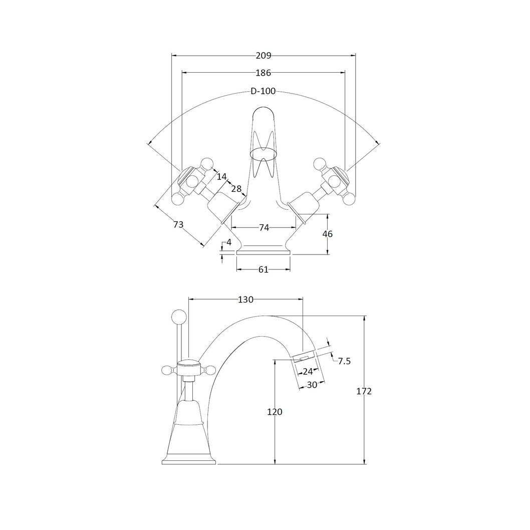 Hudson Reed Topaz Mono Basin Mixer Trad Chrome Brass 176x214x185mm - BC305DX - JJ Building Materials