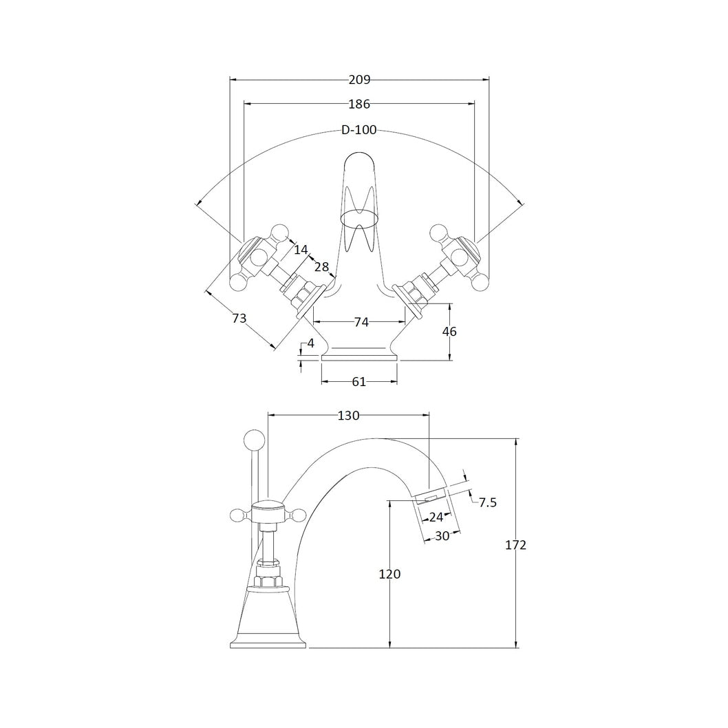 Hudson Reed Topaz Mono Basin Mixer Trad Chrome Brass 176x214x185mm - BC305HX - JJ Building Materials