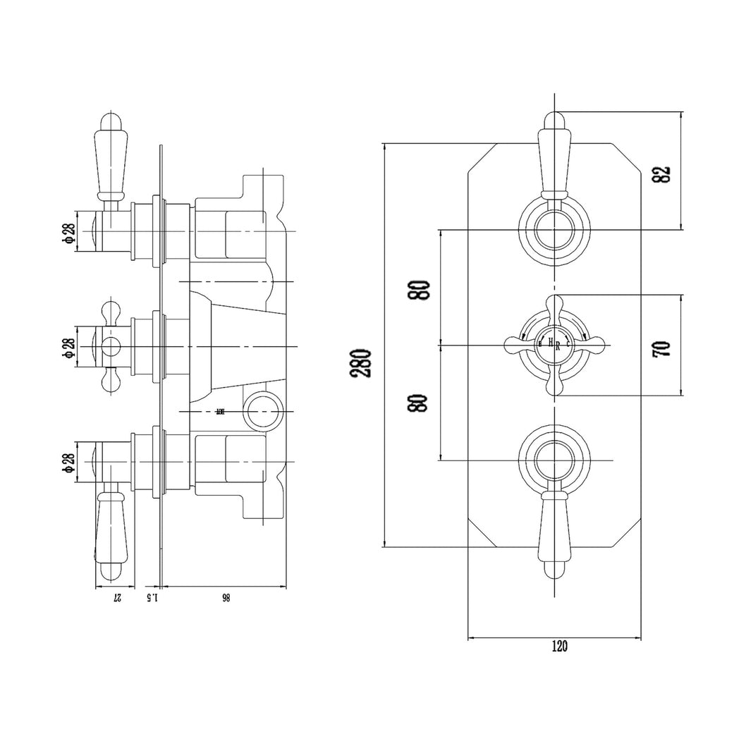 Hudson Reed Topaz Triple Concealed Shower Valve With Diverter Trad Chrome Brass Abs 320x120x135mm - TSVT005 - JJ Building Materials