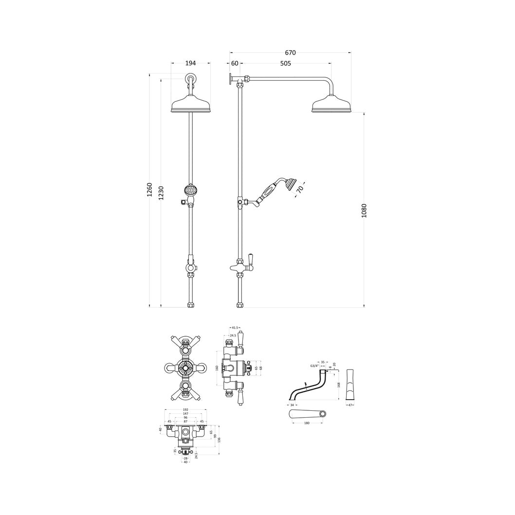 Hudson Reed Topaz Triple Exposed Shower Valve & Spout Trad Chrome Brass 1440x195x667mm - JJ Building Materials