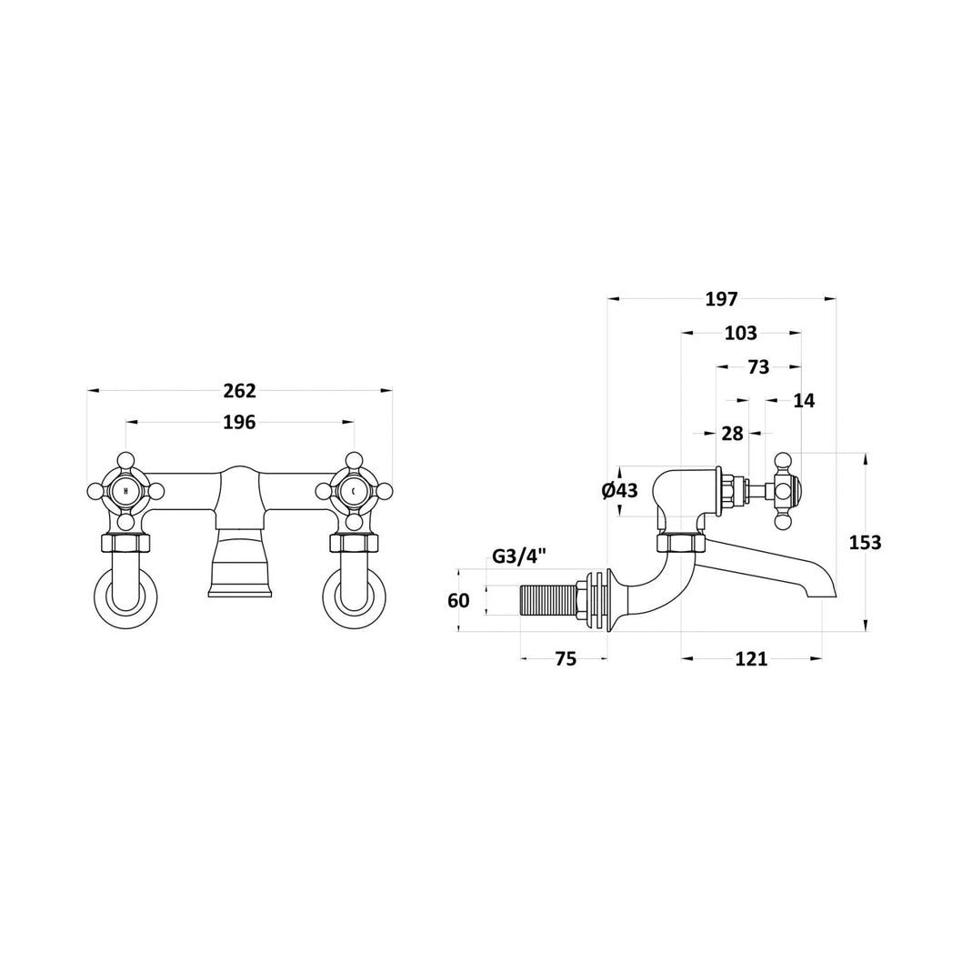 Hudson Reed Topaz Wall Mounted Bath Filler Trad Chrome Brass 142x262x197mm - BC303HXWM - JJ Building Materials