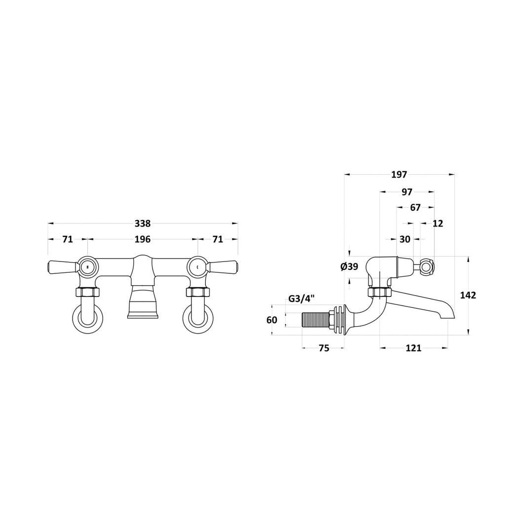 Hudson Reed Topaz Wall Mounted Bath Filler Trad Chrome Brass 142x338x197mm - BC303DLWM - JJ Building Materials