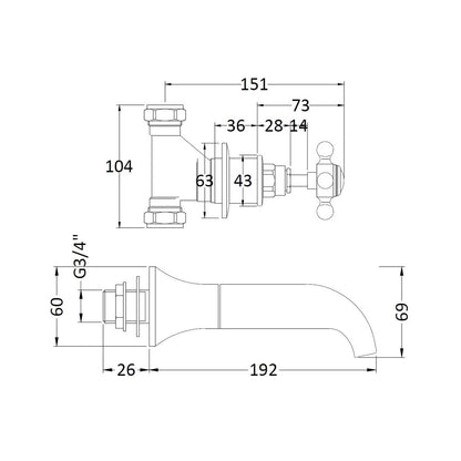Hudson Reed Topaz Wall Mounted Bath Spout & Stop Taps Trad Chrome Brass - BC309HX - JJ Building Materials