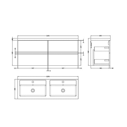 Hudson Reed Urban 1200 Wall Hung 4 Drawer Vanity & Double Basin Contemp Satin Blue MFC Painted Matt 540x1205x383mm - URB304C - JJ Building Materials