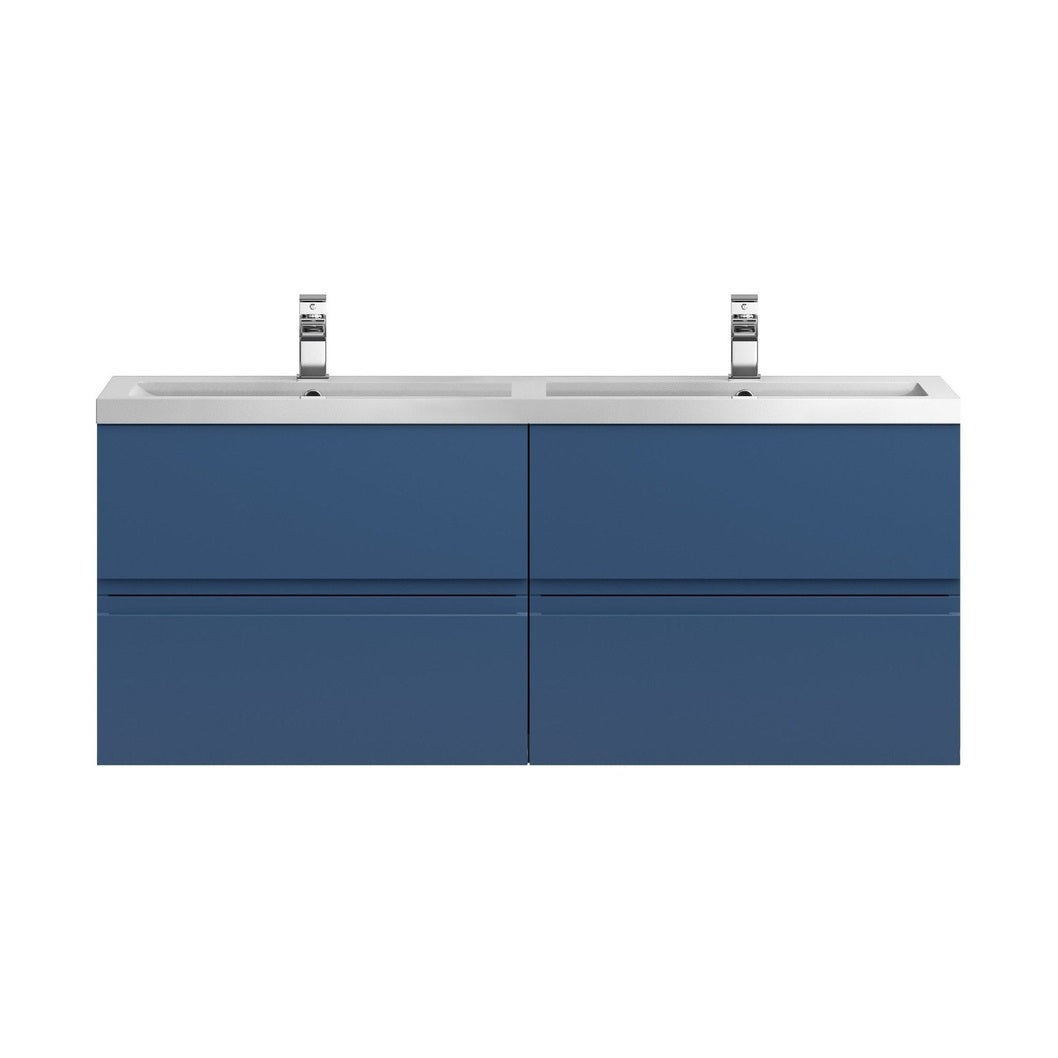 Hudson Reed Urban 1200 Wall Hung 4 Drawer Vanity & Double Basin Contemp Satin Blue MFC Painted Matt 540x1205x383mm - URB304C - JJ Building Materials