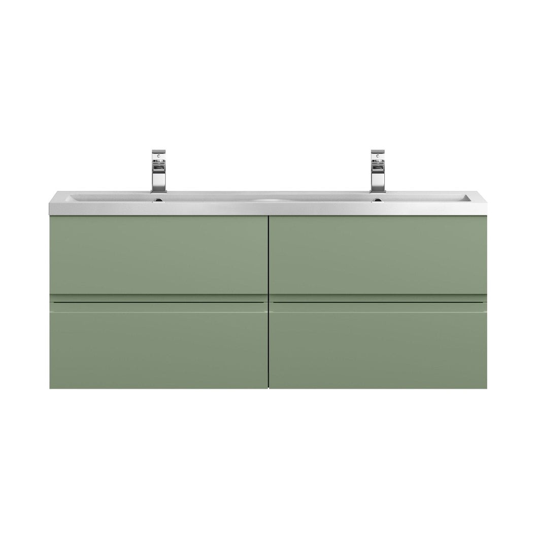 Hudson Reed Urban 1200 Wall Hung 4 Drawer Vanity & Double Basin Contemp Satin Green MFC Painted Matt 540x1205x383mm - URB804F - JJ Building Materials