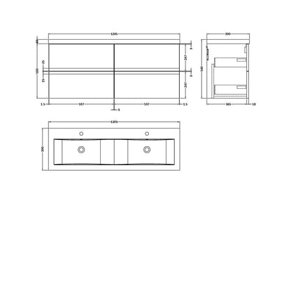 Hudson Reed Urban 1200 Wall Hung 4 Drawer Vanity & Double Basin Contemp Satin Green MFC Painted Matt 540x1205x383mm - URB804F - JJ Building Materials