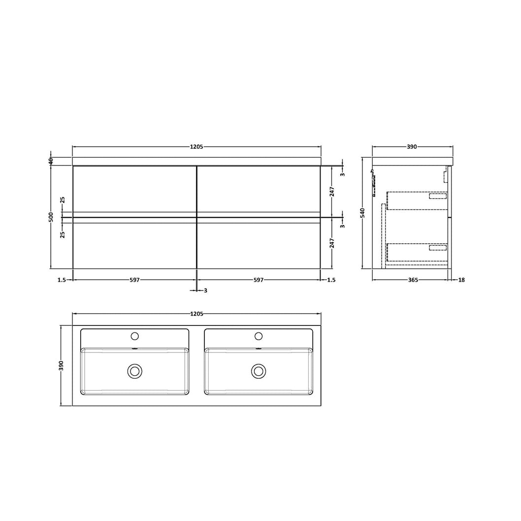 Hudson Reed Urban 1200 Wall Hung 4 Drawer Vanity & Double Basin Contemp Soft Black MFC Painted Matt 540x1205x383mm - URB1404C - JJ Building Materials