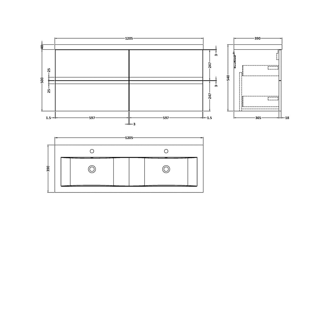 Hudson Reed Urban 1200 Wall Hung 4 Drawer Vanity & Double Basin Contemp Soft Black MFC Painted Matt 540x1205x383mm - URB1404F - JJ Building Materials