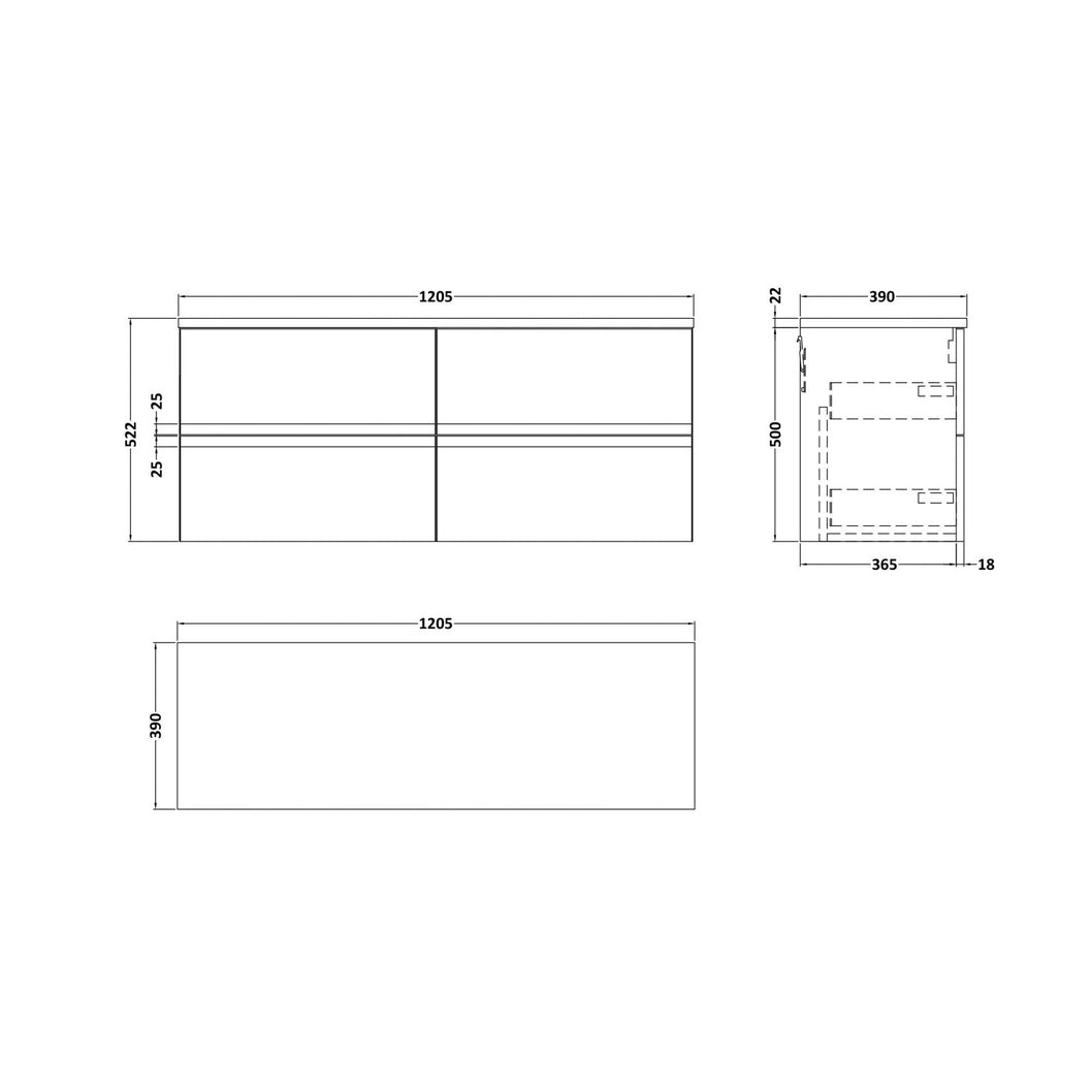 Hudson Reed Urban 1200mm Wall Hung 4-drawer Unit & Laminate Worktop Contemp Satin White MFC Painted Matt 522x1205x390mm - URB104LBG2 - JJ Building Materials