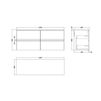 Hudson Reed Urban 1200mm Wall Hung 4-drawer Unit & Laminate Worktop Contemp Soft Black MFC Painted Matt 522x1205x390mm - URB1404LBG2 - JJ Building Materials
