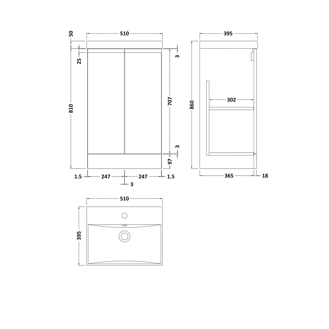 Hudson Reed Urban 500mm Floor Standing 2 Door Vanity & Basin 3 Contemp Soft Black MFC Painted Matt 860x510x395mm - JJ Building Materials