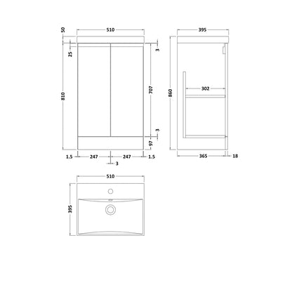 Hudson Reed Urban 500mm Floor Standing 2 Door Vanity & Basin 3 Contemp Soft Black MFC Painted Matt 860x510x395mm - JJ Building Materials
