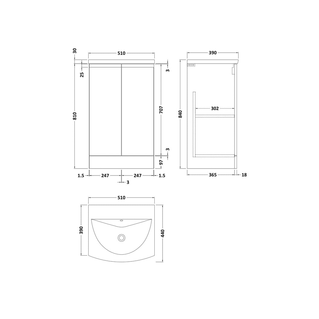 Hudson Reed Urban 500mm Floor Standing 2 Door Vanity Unit & Basin 4 Contemp Satin Grey MFC Painted Matt 840x510x440mm - JJ Building Materials