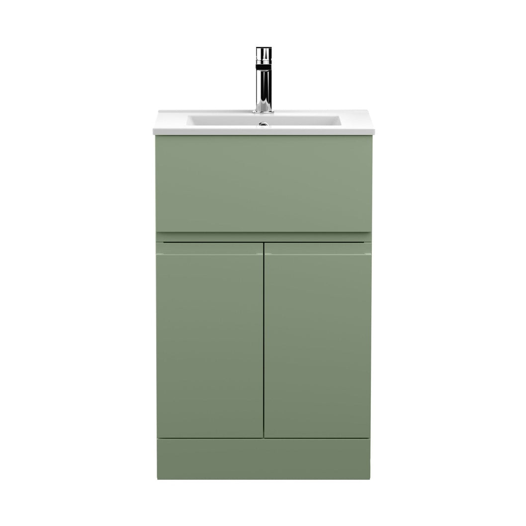 Hudson Reed Urban 500mm Floor Standing 2 Door/drawer Unit & Basin 2 Contemp Satin Green MFC Painted Matt 828x510x390mm - JJ Building Materials