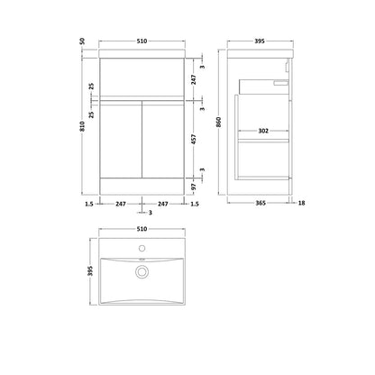 Hudson Reed Urban 500mm Floor Standing 2-door/drawer Vanity Unit & Basin 3 Contemp Satin Blue MFC Painted Matt 860x510x395mm - JJ Building Materials