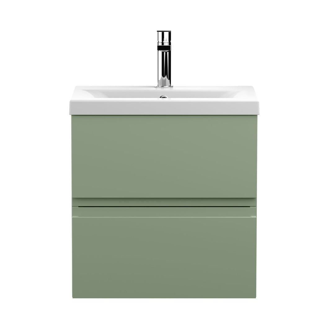 Hudson Reed Urban 500mm Wall Hung 2 Drawer Unit & Basin 1 Contemp Satin Green MFC Painted Matt 540x510x390mm - JJ Building Materials