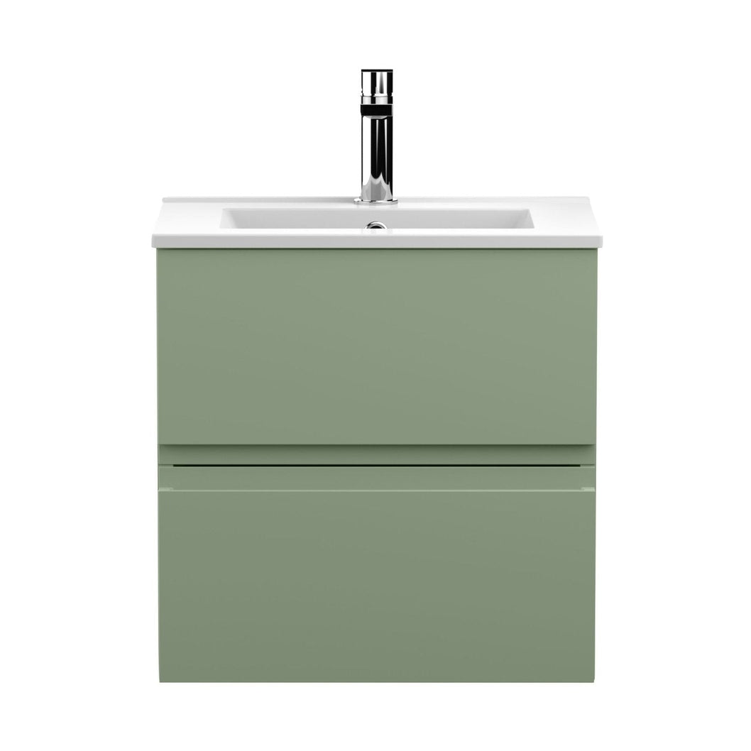 Hudson Reed Urban 500mm Wall Hung 2 Drawer Unit & Basin 2 Contemp Satin Green MFC Painted Matt 518x510x390mm - JJ Building Materials