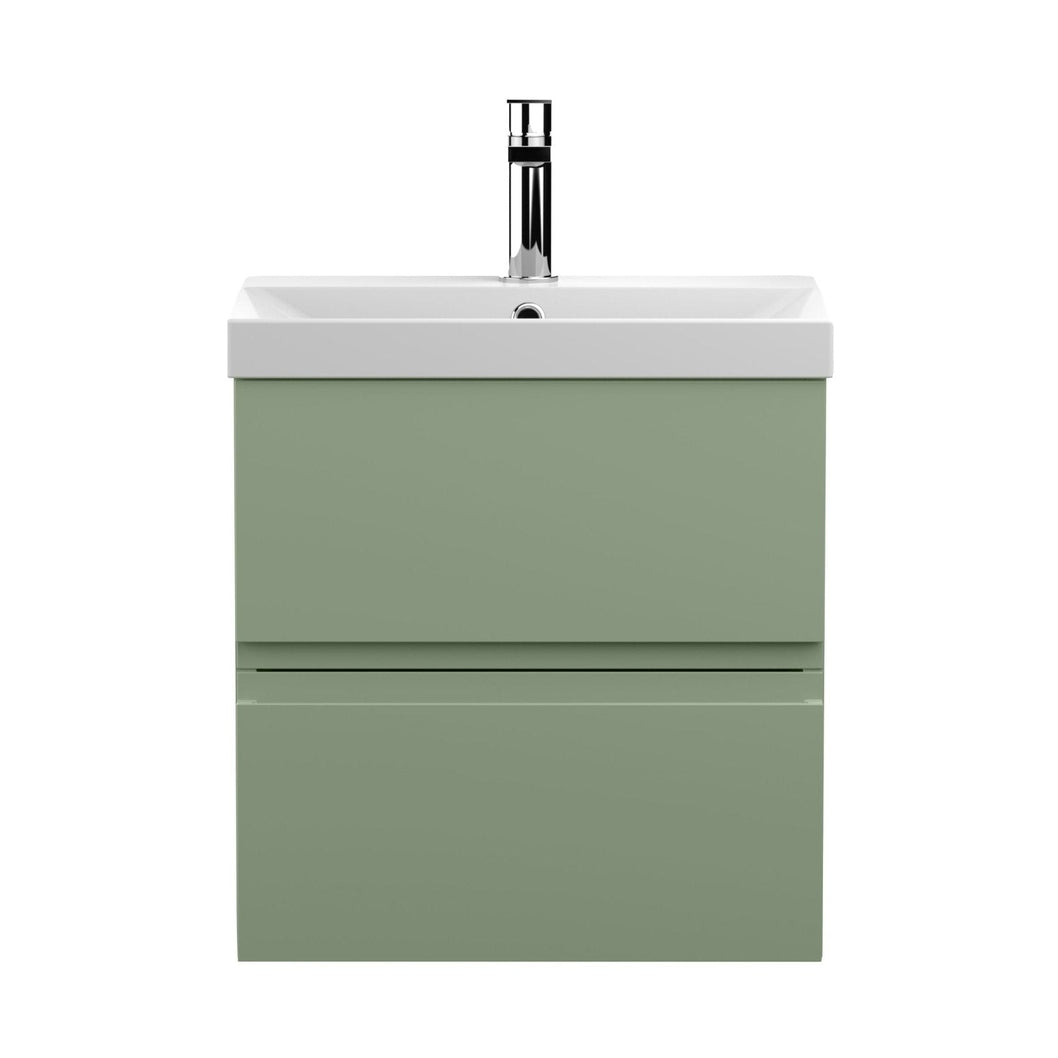 Hudson Reed Urban 500mm Wall Hung 2 Drawer Unit & Basin 3 Contemp Satin Green MFC Painted Matt 550x510x395mm - JJ Building Materials