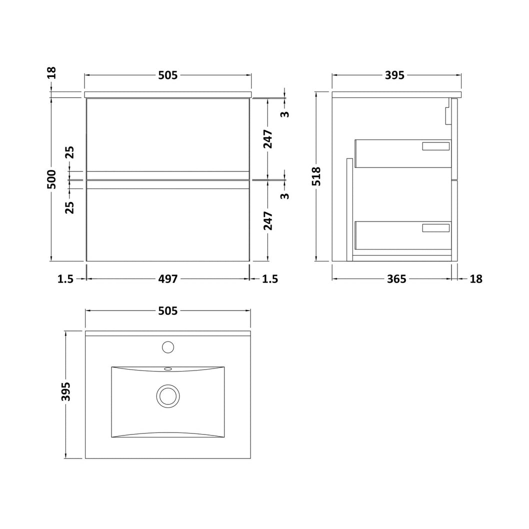 Hudson Reed Urban 500mm Wall Hung 2-drawer Vanity Unit & Basin 2 Contemp Satin White MFC Painted Matt 540x505x395mm - JJ Building Materials