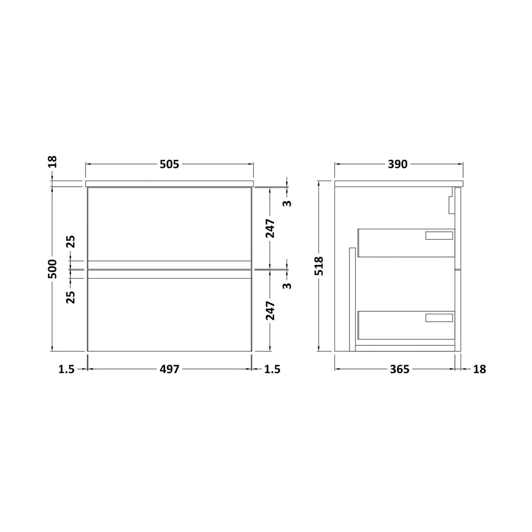 Hudson Reed Urban 500mm Wall Hung 2-drawer Vanity Unit & Worktop Contemp Satin Grey MFC Painted Matt 518x505x390mm - JJ Building Materials