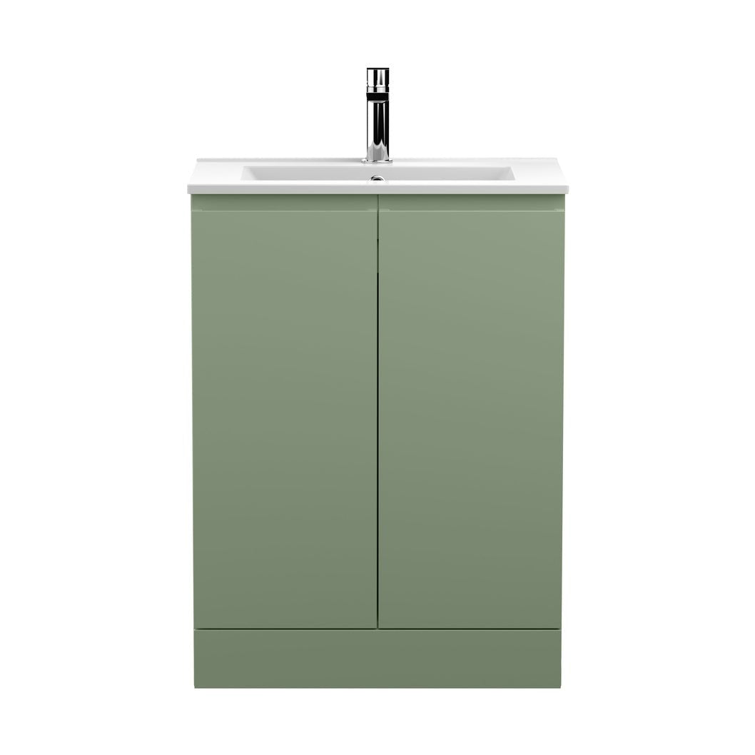 Hudson Reed Urban 600mm Floor Standing 2 Door Unit & Basin 2 Contemp Satin Green MFC Painted Matt 828x610x390mm - JJ Building Materials