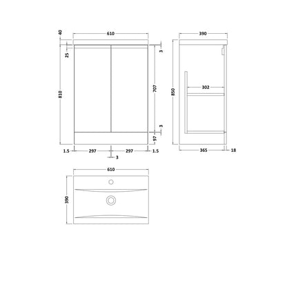 Hudson Reed Urban 600mm Floor Standing 2-door Vanity Unit & Basin 1 Contemp Satin White MFC Painted Matt 850x610x390mm - JJ Building Materials